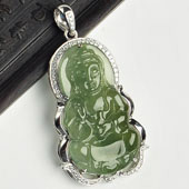冰种晴水缅甸翡翠A货银镀金观音胸坠（水钻）