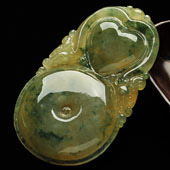 冰种褐黄翡飘花缅甸翡翠A货双龙如意挂件