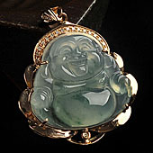 冰种飘花缅甸翡翠A货镶玫瑰金玉佛胸坠（真钻）