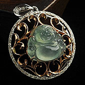 冰种晴水缅甸翡翠A货镶玫瑰金白金玉佛胸坠（真钻）