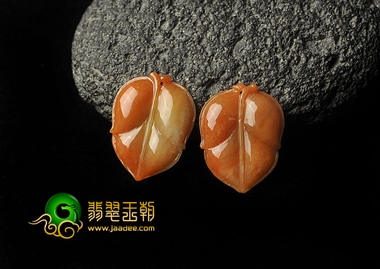 糯冰种红黄翡缅甸翡翠A货叶子（一对）
