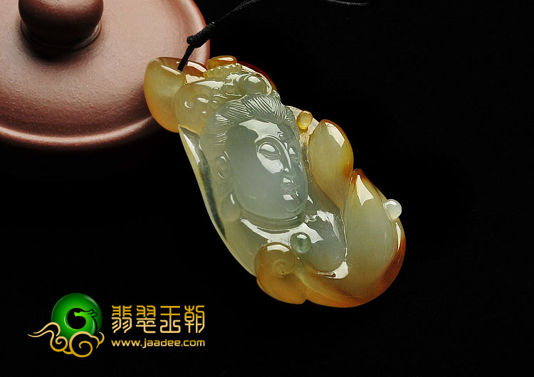 冰种褐黄翡略飘花缅甸翡翠A货观音挂件