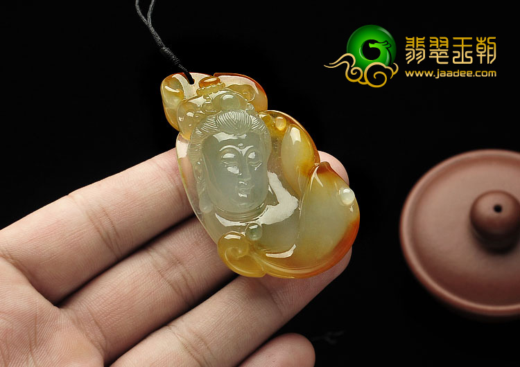 冰种褐黄翡略飘花缅甸翡翠A货观音挂件