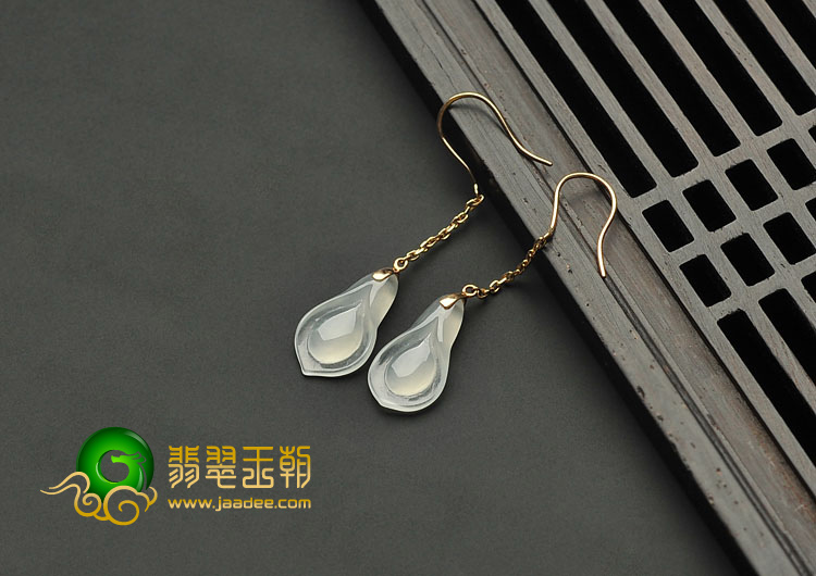 冰玻种无色缅甸翡翠A货镶玫瑰金玉兰花耳坠