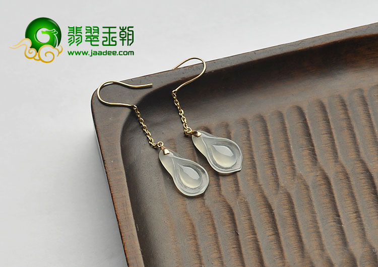 冰玻种无色缅甸翡翠A货镶玫瑰金玉兰花耳坠