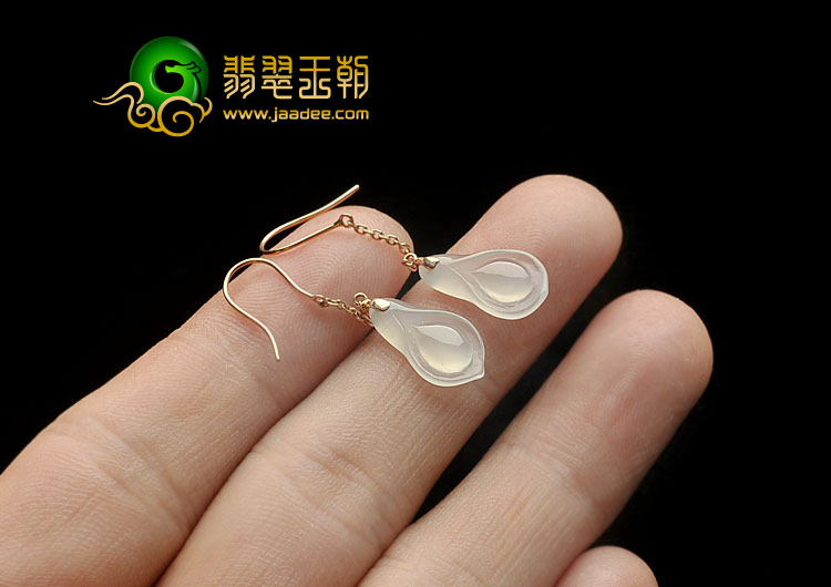 冰玻种无色缅甸翡翠A货镶玫瑰金玉兰花耳坠