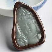 糯冰种晴水褐翡缅甸翡翠A货观音头挂件