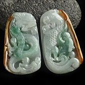 糯冰种三彩缅甸翡翠A货龙凤呈祥挂件（一对）