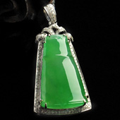 冰种翠色满绿缅甸翡翠A货镶白金节节高胸坠（真钻）