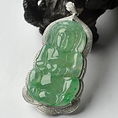 冰种绿晴水飘翠缅甸翡翠A货镶白金观音挂件（真钻）