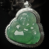 冰种绿晴水飘翠缅甸翡翠A货镶白金玉佛挂件（真钻）