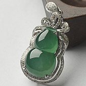 冰种翠色缅甸翡翠A货镶白金葫芦挂件（真钻）