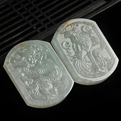 糯冰种晴水略带红翡缅甸翡翠A货龙凤牌挂件（一对）