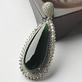冰种墨翠缅甸翡翠A货银镀白金水滴胸坠（水钻）