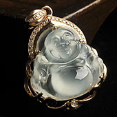 冰玻种无色缅甸翡翠A货镶玫瑰金玉佛胸坠（真钻）