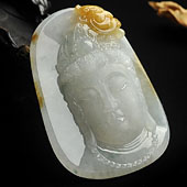 冰种黄翡飘花缅甸翡翠A货观音头挂件