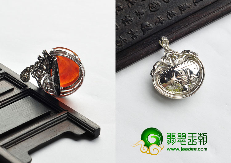 冰种红翡缅甸翡翠A货镶白金如意胸坠（真钻）