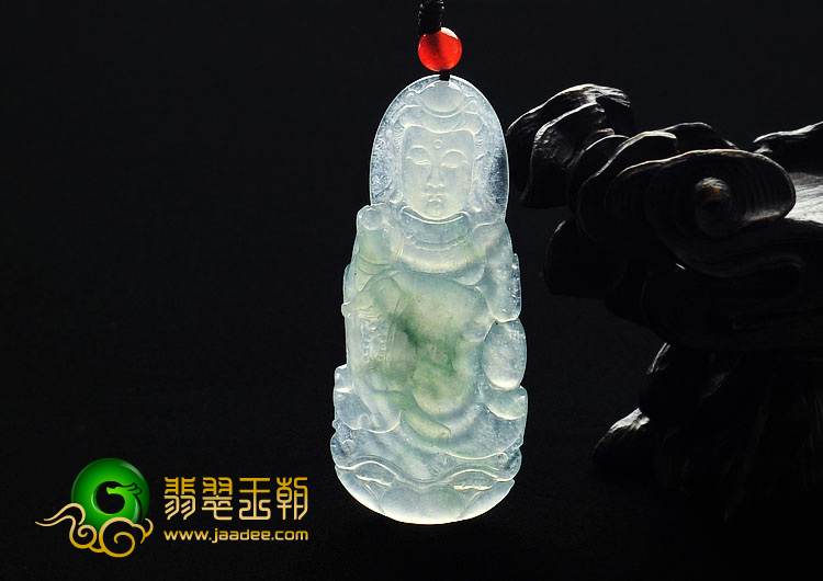 冰种飘花缅甸翡翠A货站观音挂件