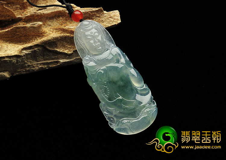 冰种飘花缅甸翡翠A货站观音挂件