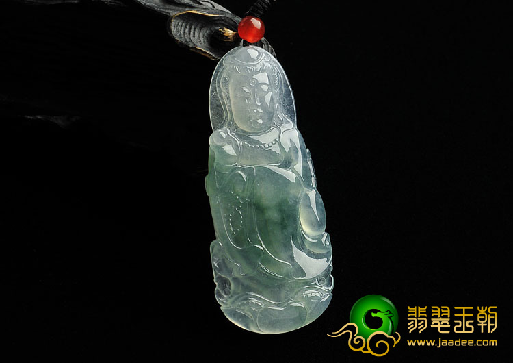 冰种飘花缅甸翡翠A货站观音挂件