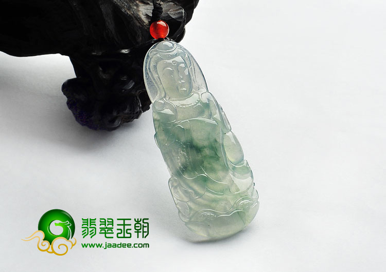 冰种飘花缅甸翡翠A货站观音挂件