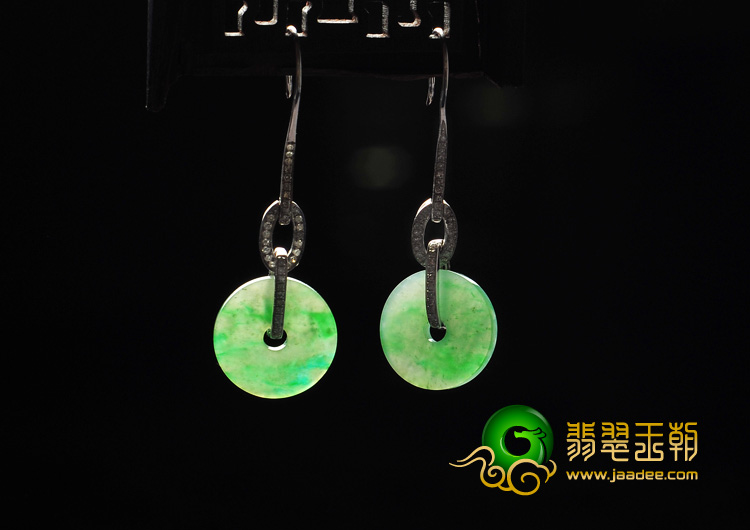 冰种飘翠缅甸翡翠A货镶白金平安扣耳坠（真钻）