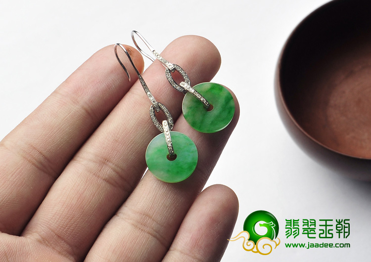 冰种飘翠缅甸翡翠A货镶白金平安扣耳坠（真钻）