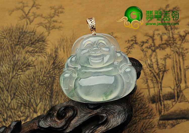 冰玻种飘花缅甸翡翠A货玉佛挂件