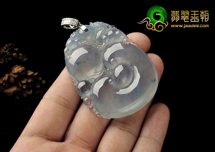 冰种淡紫罗兰略飘花缅甸翡翠A货如意寿挂件（金扣）