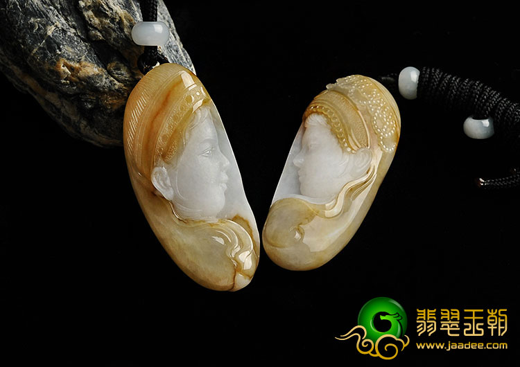 （一口价扫货）糯冰种黄翡缅甸翡翠A货阿诗玛挂件（一对）