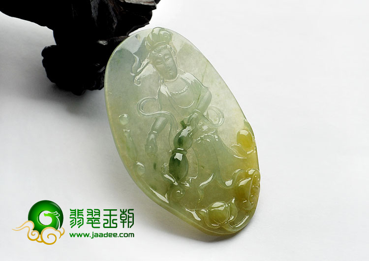 冰种黄翡缅甸翡翠A货站观音挂件