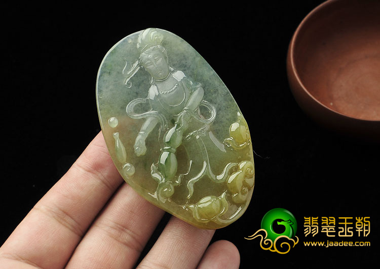 冰种黄翡缅甸翡翠A货站观音挂件