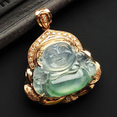 冰玻种飘绿花缅甸翡翠A货镶玫瑰金玉佛胸坠（真钻）