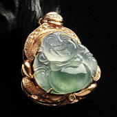 冰玻种飘绿花缅甸翡翠A货镶玫瑰金玉佛胸坠（真钻）