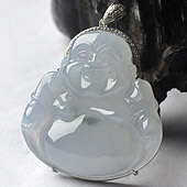 糯冰种略飘花缅甸翡翠A货镶银玉佛胸坠（水钻）