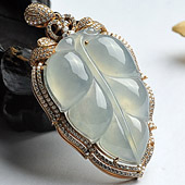 冰种晴水缅甸翡翠A货镶玫瑰金叶子（真钻）