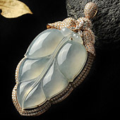 冰种晴水缅甸翡翠A货镶玫瑰金叶子（真钻）