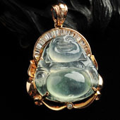 冰玻种略飘花缅甸翡翠A货镶玫瑰金玉佛胸坠（真钻）