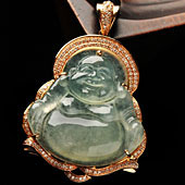 冰种晴水缅甸翡翠A货镶玫瑰金玉佛胸坠（真钻）