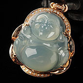 冰种晴水缅甸翡翠A货镶玫瑰金玉佛胸坠（真钻）