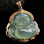 冰种晴水缅甸翡翠A货镶玫瑰金玉佛胸坠（真钻）