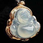 冰种无色缅甸翡翠A货镶玫瑰金玉佛胸坠（真钻）