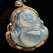 冰种无色缅甸翡翠A货镶玫瑰金玉佛胸坠（真钻）