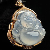 冰种无色缅甸翡翠A货镶玫瑰金玉佛胸坠（真钻）