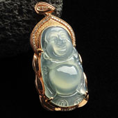 冰种淡晴水缅甸翡翠A货镶玫瑰金玉佛胸坠（真钻）