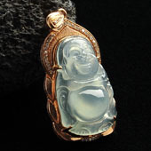 冰种淡晴水缅甸翡翠A货镶玫瑰金玉佛胸坠（真钻）