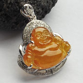 冰种黄翡缅甸翡翠A货镶白金玉佛胸坠（真钻）