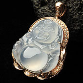 冰玻种无色缅甸翡翠A货镶玫瑰金玉佛胸坠（真钻）