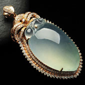 冰玻种晴水缅甸翡翠A货镶玫瑰金寿桃胸坠（真钻）