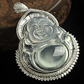 冰玻种晴水缅甸翡翠A货镶白金玉佛胸坠（真钻）